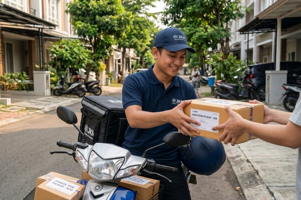 Kurir JKM menerima paket 'Jasa Kirim Pickup' langsung dari pelanggan di depan rumah